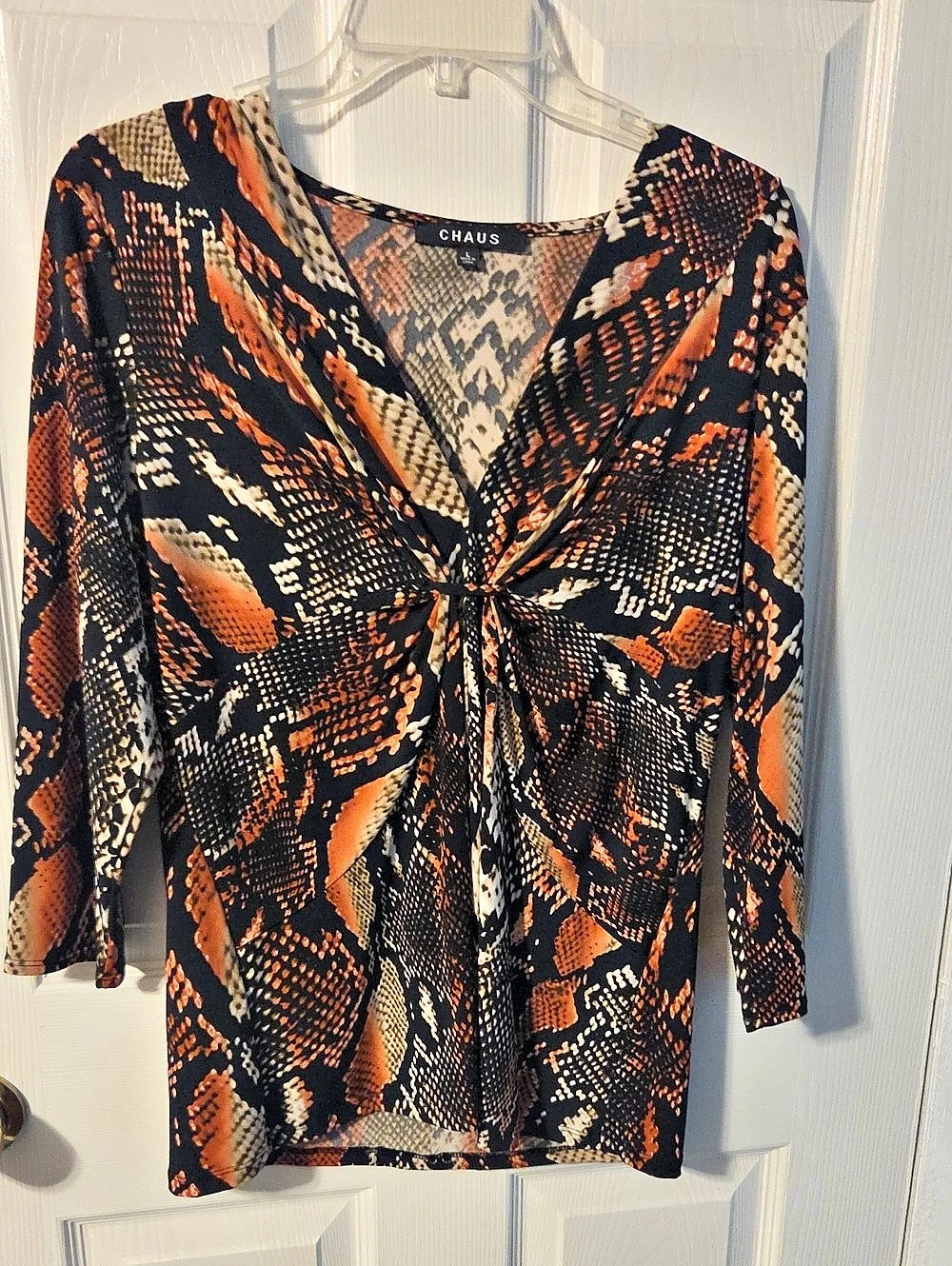 CHAUS Animal Print Long Sleeve Blouse Black & Orange Large Like N